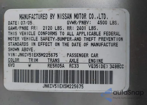 2005 Infiniti G35 z USA, uszkodzony, nr VIN JNKCV51EX5M225675